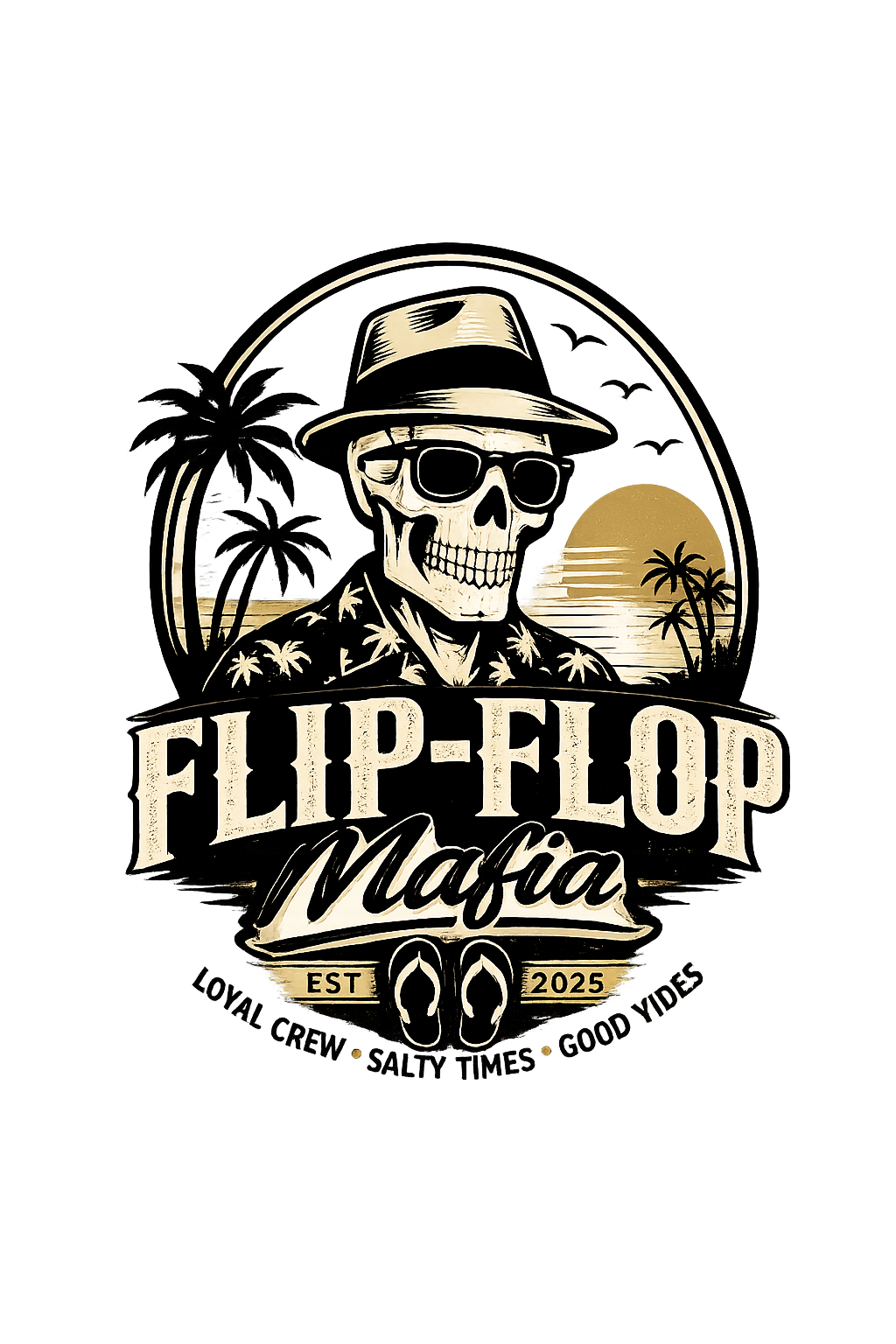 Flip-Flop Mafia — skull in a fedora and Hawaiian shirt at sunset